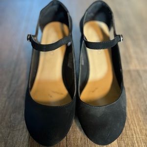 Black Mary Jane Faux Suede Wedge Heels-US 7.5M